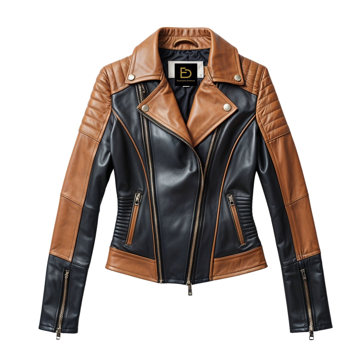 Women's Two-Tone Real Leather Biker Jacket with Quilted Shoulders – Asymmetric Zip Outerwear