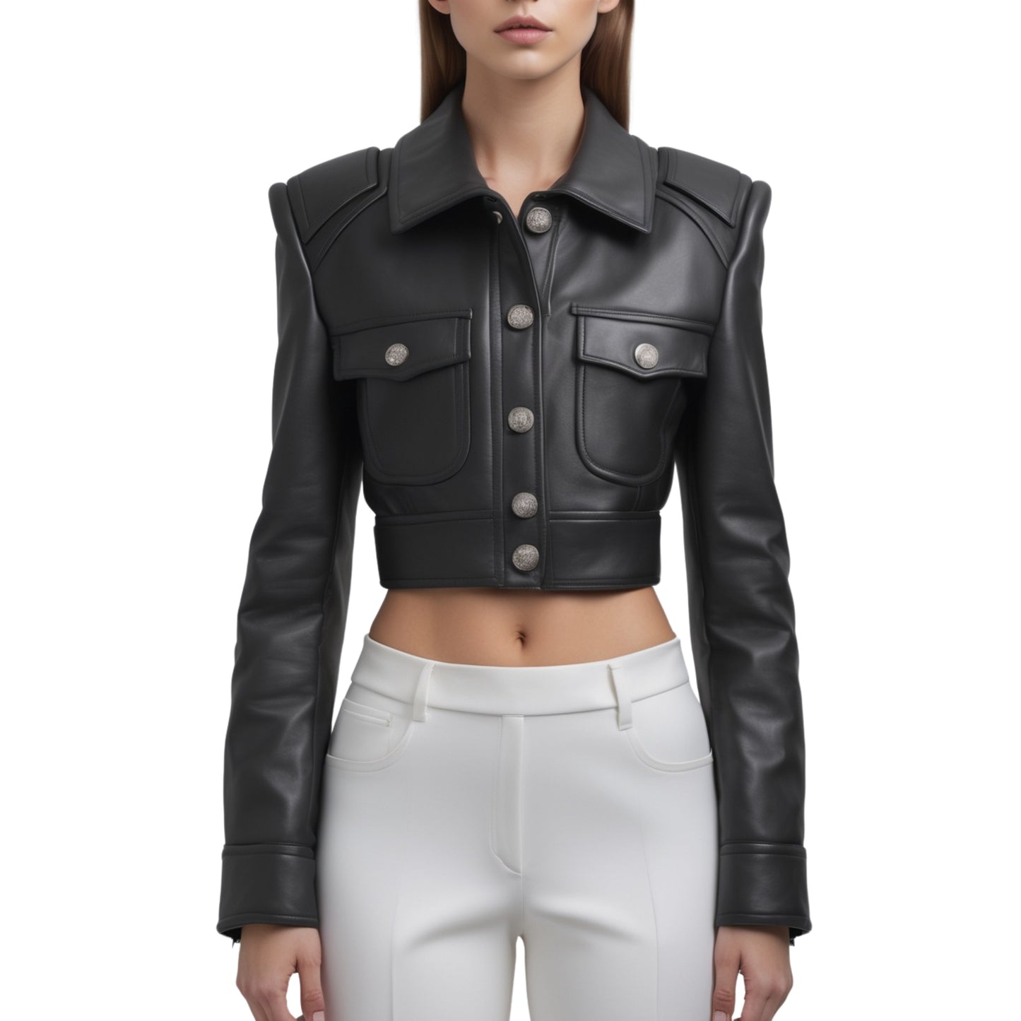 Womens Black Real Leather Cropped Jacket with Padded Shoulders, Shirt Collar