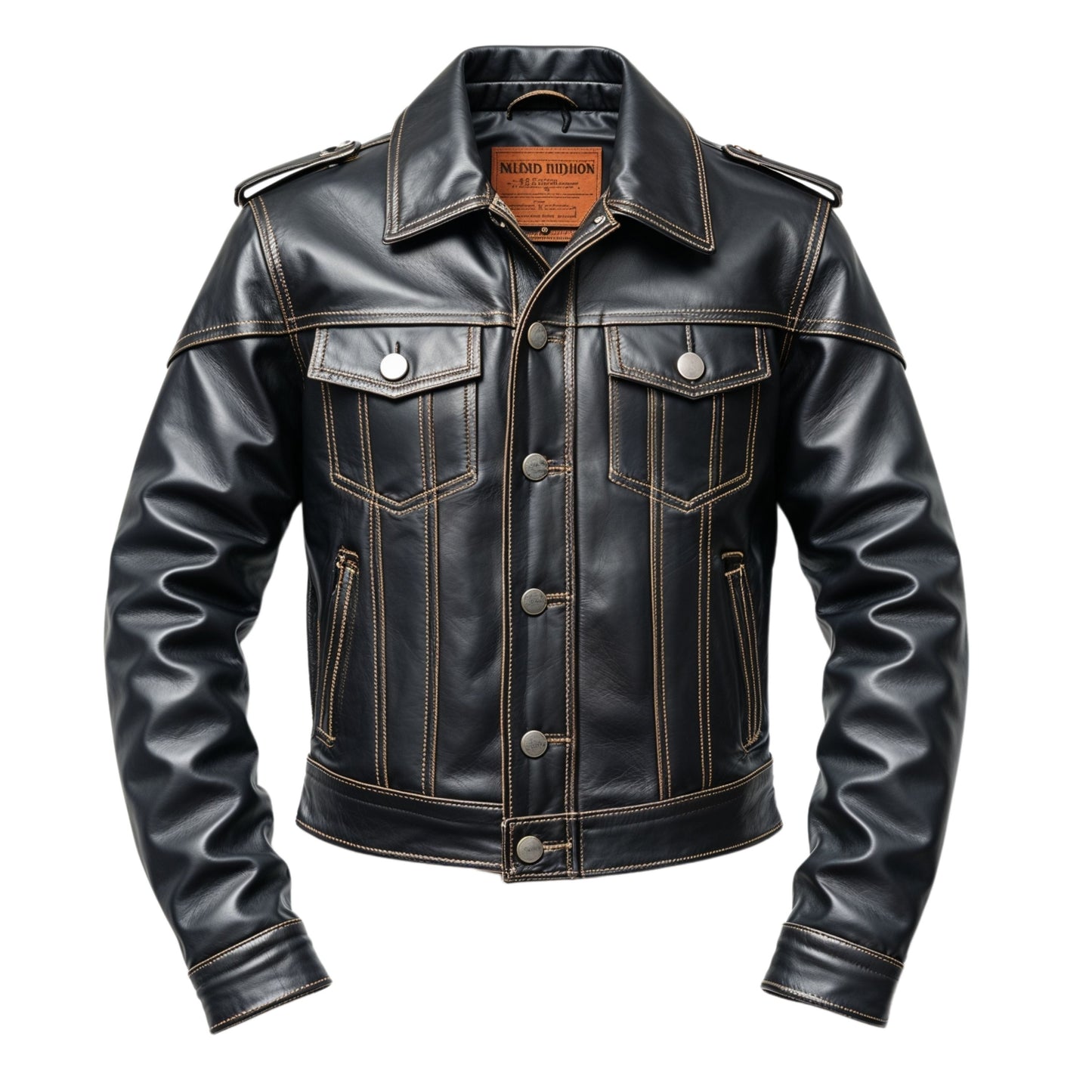 Men Black Real Leather Trucker Jacket Contrast Stitching Button Front Featuring Epaulets Utility Pockets