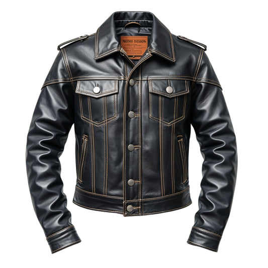 Men Black Real Leather Trucker Jacket Contrast Stitching Button Front Featuring Epaulets Utility Pockets