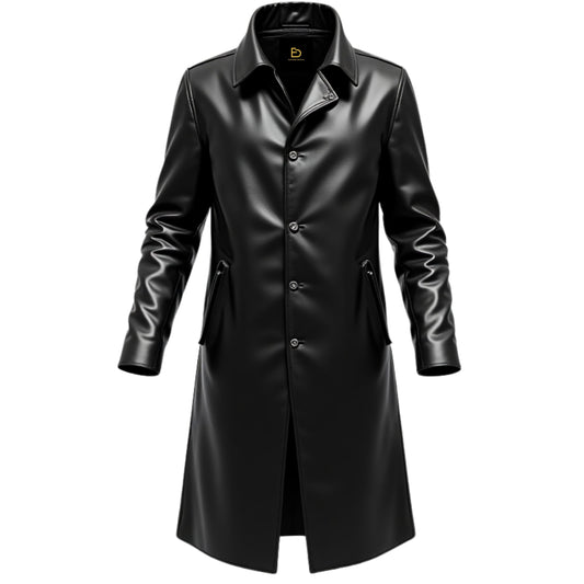 Men's Black Real Leather Long Overcoat: Classic Button Front Tailored Fit