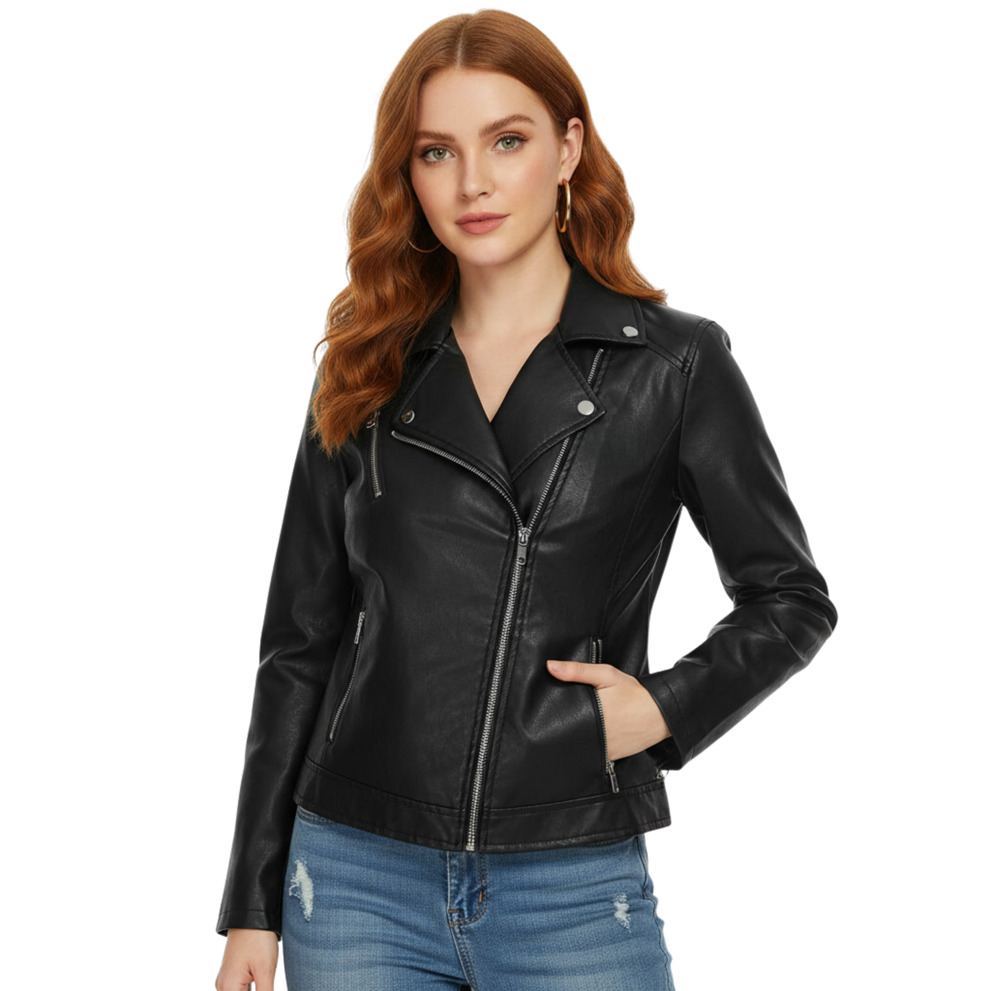 Women's Real Leather Biker Jacket: Black Moto Style, Slim Fit