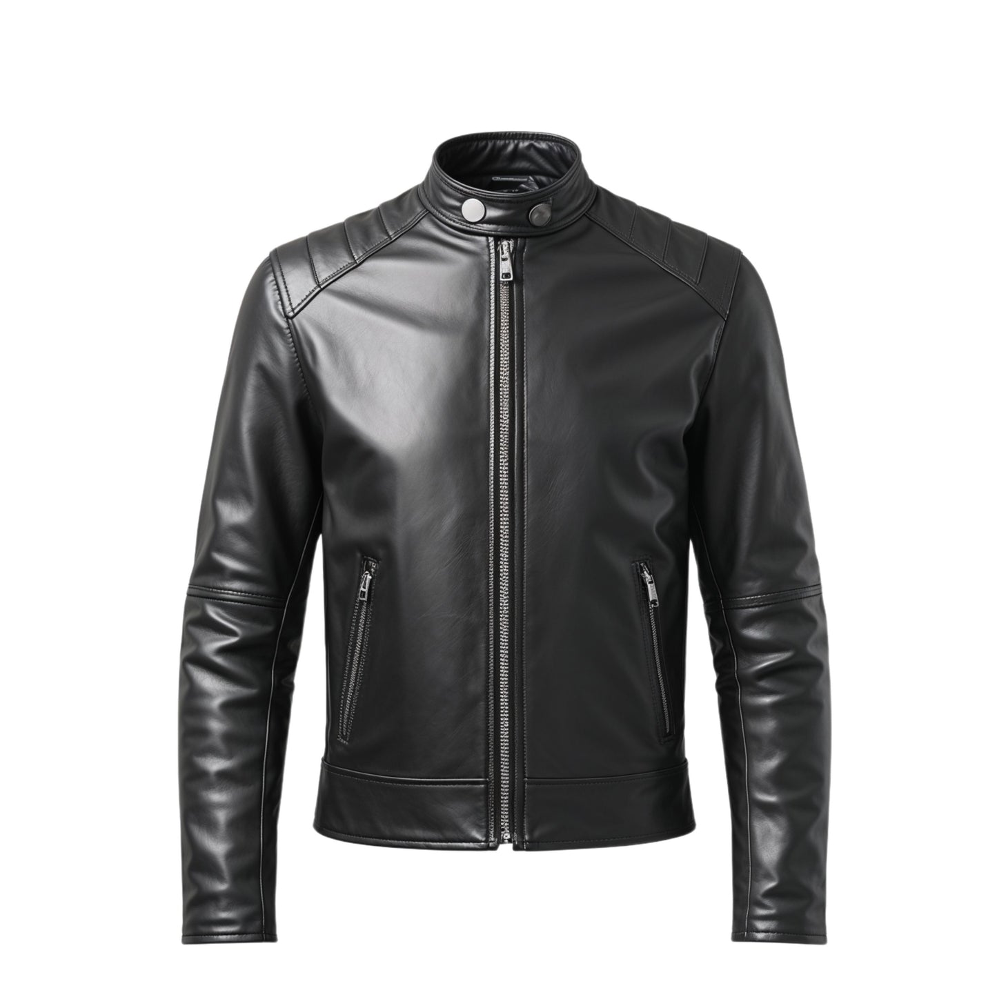 Men's Black Real Leather Motorcycle Jacket with Snap Collar, Zip Pockets
