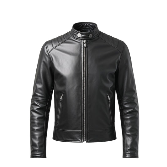 Men's Black Real Leather Motorcycle Jacket with Snap Collar, Zip Pockets