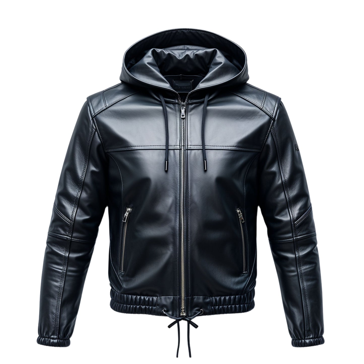 Men's Black Real Leather Hooded Jacket with Drawstring Hem and Zippered Pockets