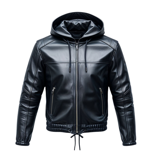 Men's Black Real Leather Hooded Jacket with Drawstring Hem and Zippered Pockets