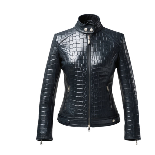 Black Crocodile Embossed Leather Biker Jacket – Silver Zip Funnel Neck