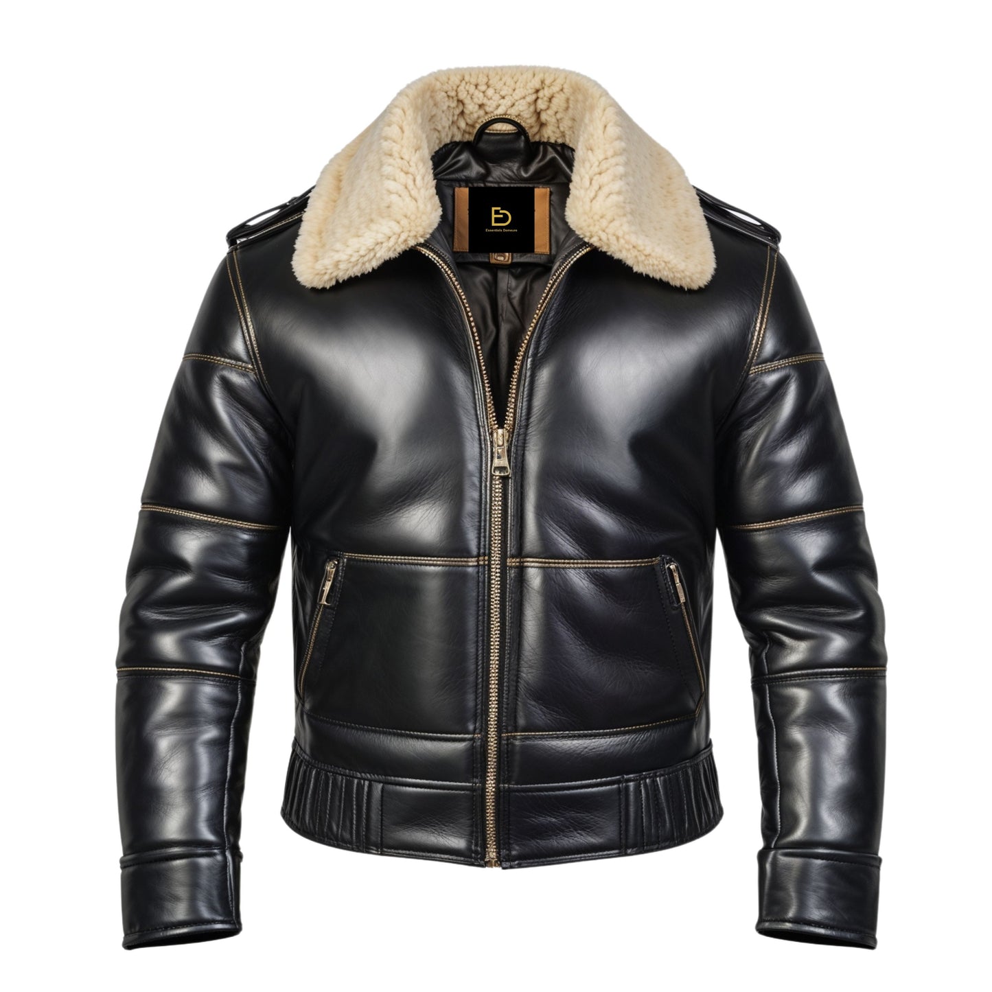 Men's Black Leather Aviator Jacket Shearling Collar Contrast Stitching Pilot Style Winter Warmth