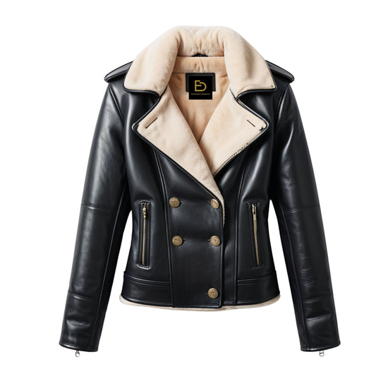 Black Leather Cropped Moto Jacket with Cream Shearling Collar, Double Breasted Gold Buttons