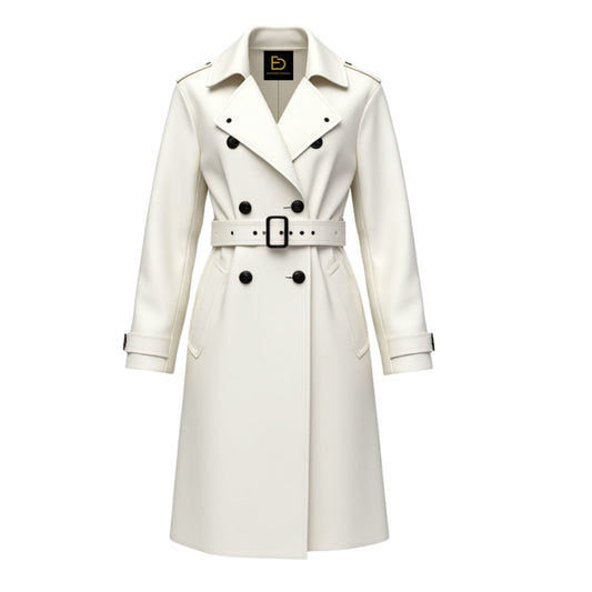 Women's White Lambskin Leather Double Breasted Trench Coat – Belted Overcoat