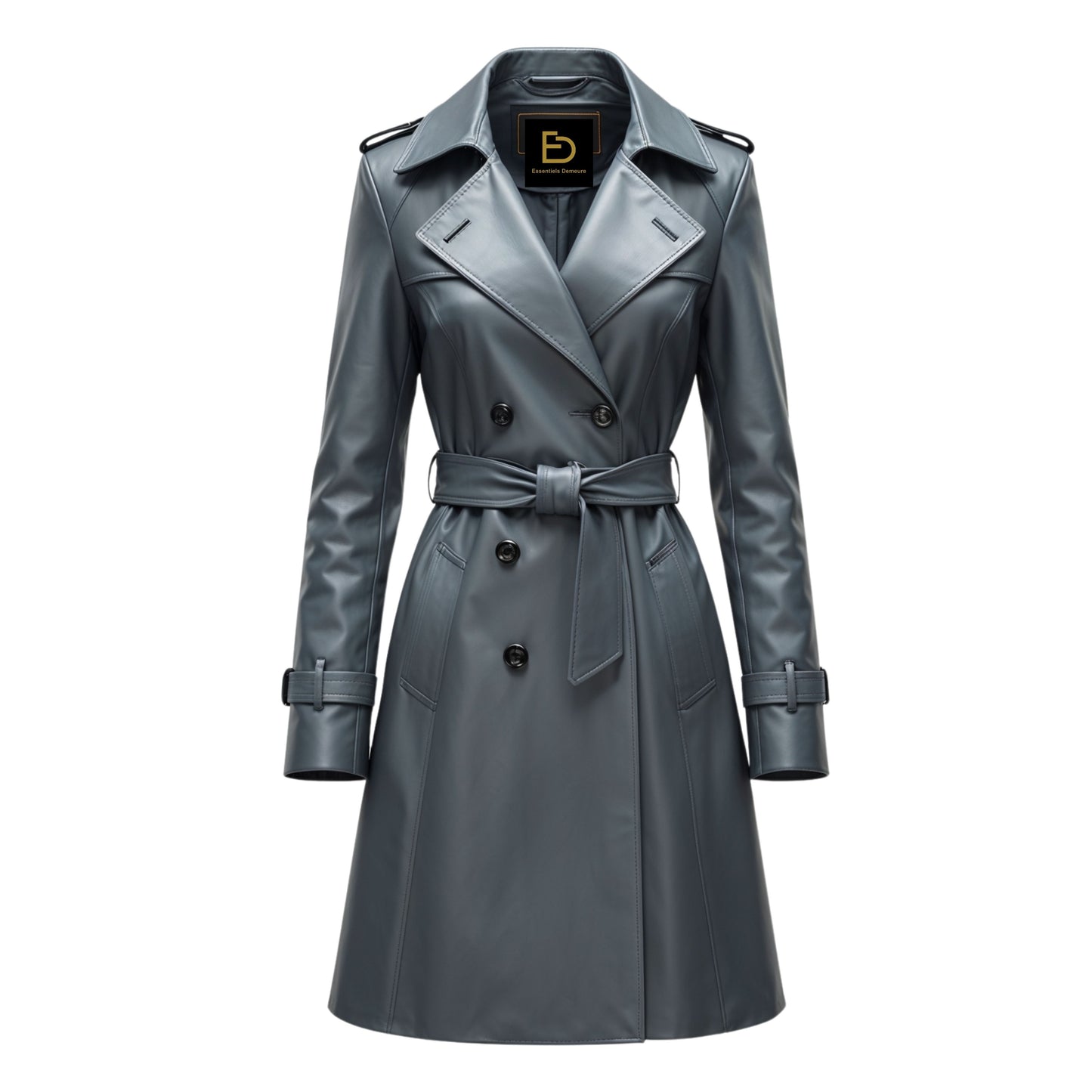 Womens Real Leather Trench Coat: Grey Belted Double Breasted Jacket, Lapel Collar