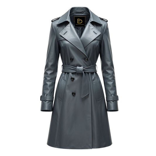 Womens Real Leather Trench Coat: Grey Belted Double Breasted Jacket, Lapel Collar