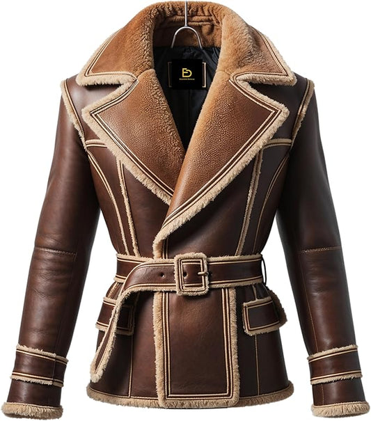 Men Real Shearling Lined Brown Leather Aviator Jacket Wide Lapel Collar Adjustable Waist Belt Winter Style