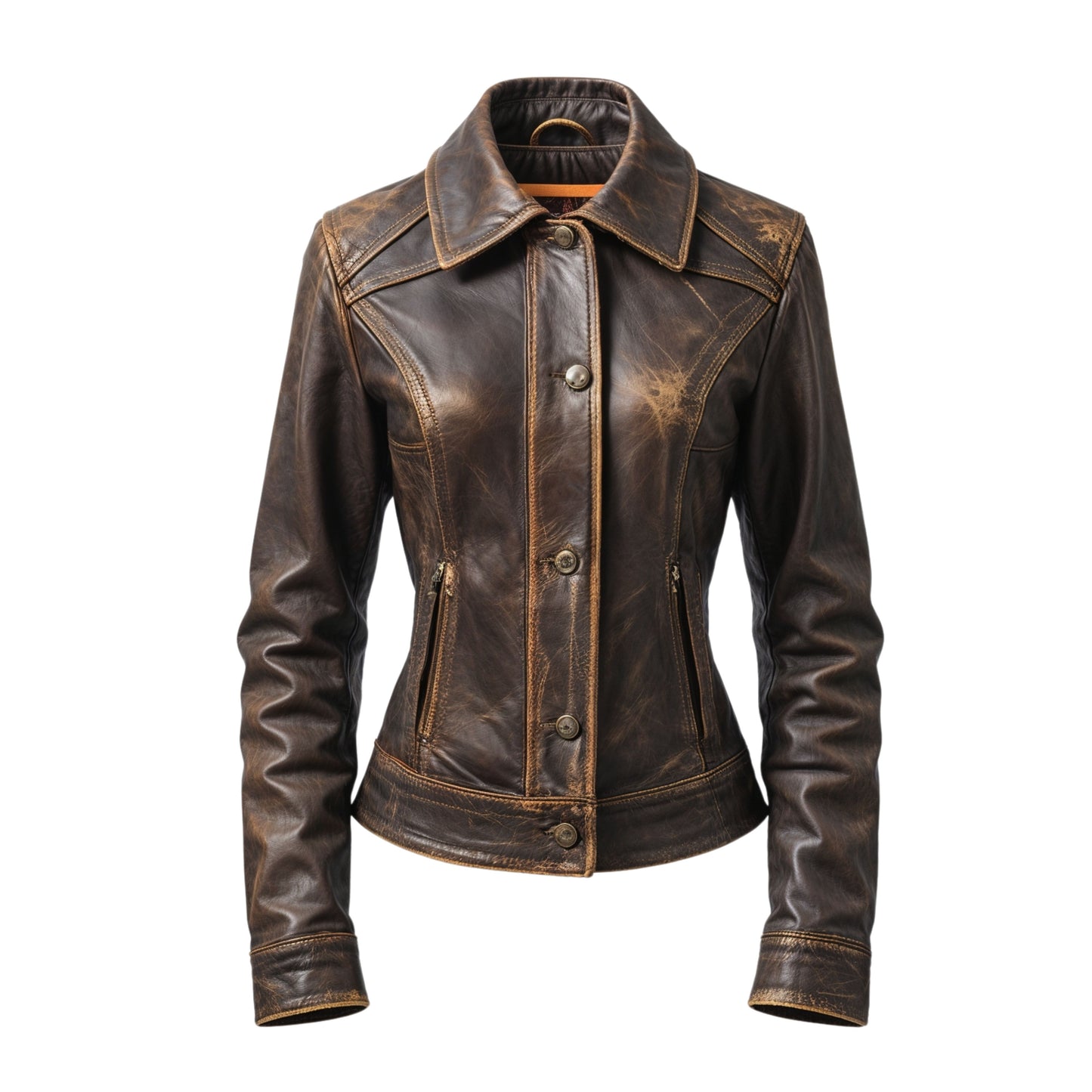 Distressed Brown Real Leather Jacket: Vintage Inspired Tailored Fit Shirt Collar