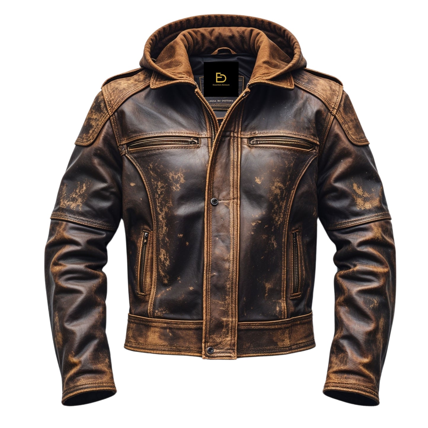 Distressed Brown Leather Jacket with Removable Hood – Men's Biker Style