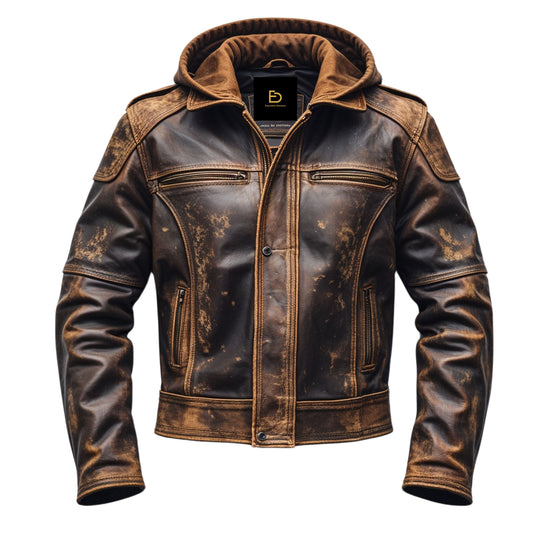 Distressed Brown Leather Jacket with Removable Hood – Men's Biker Style