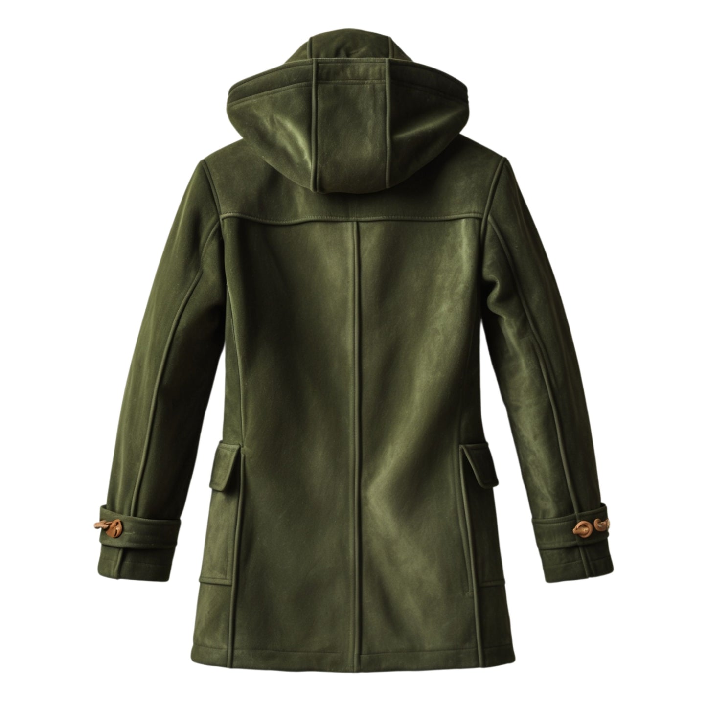 Olive Green Suede Duffle Coat with Hood and Leather Toggles