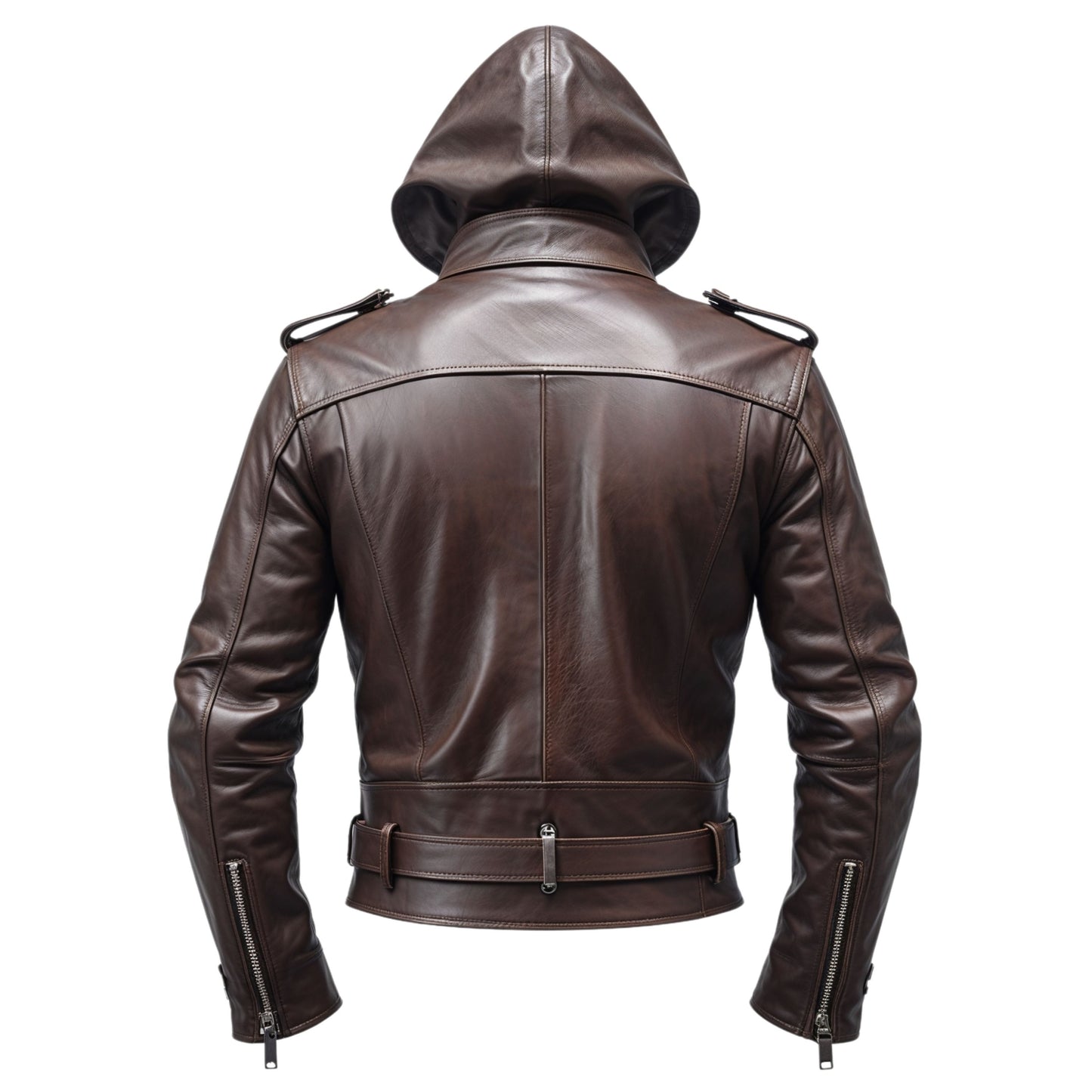 Men's Dark Brown Real Leather Hooded Biker Jacket with Belted Waist