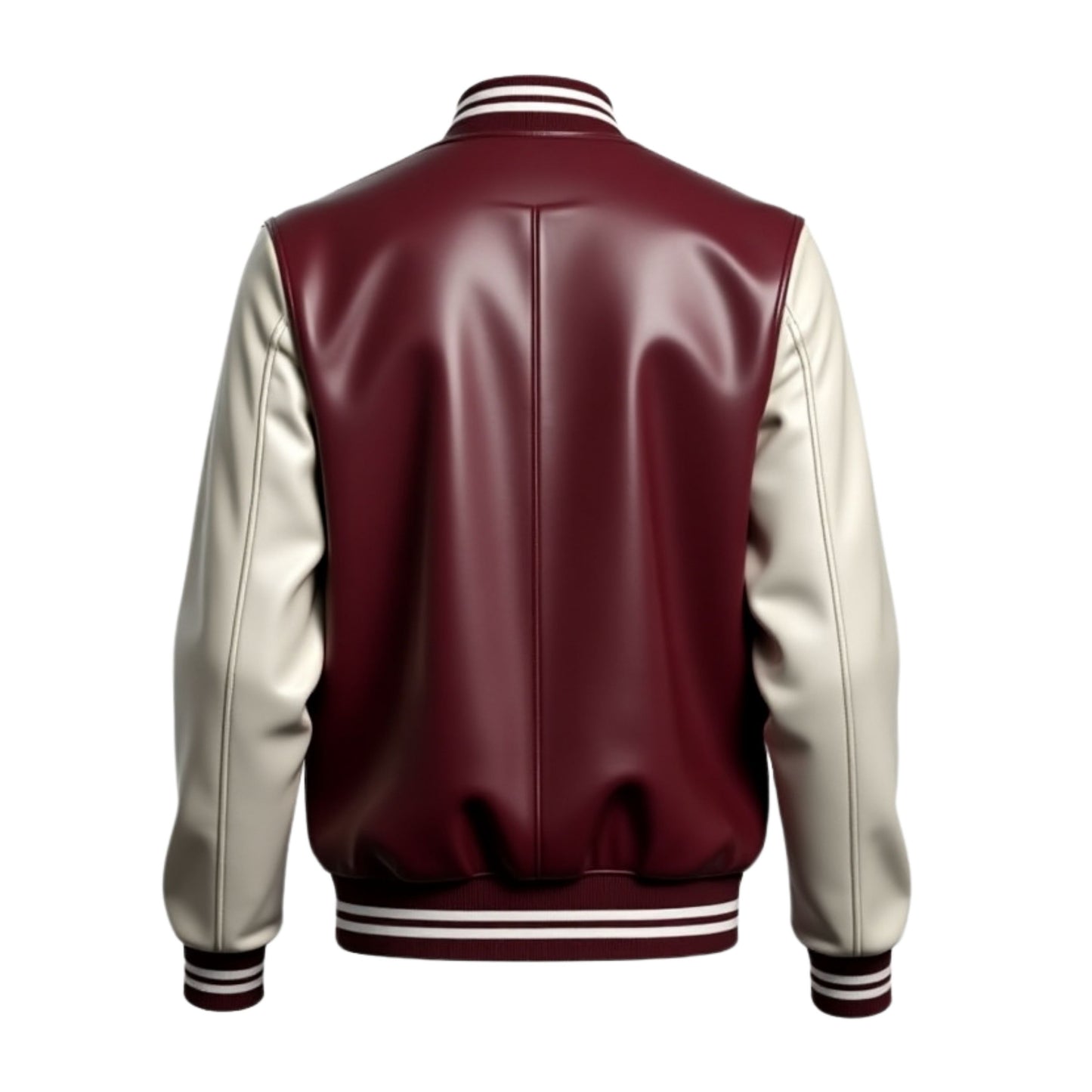 Men's Real Leather Burgundy Cream Varsity Bomber Jacket Ribbed Cuffs Button Closure