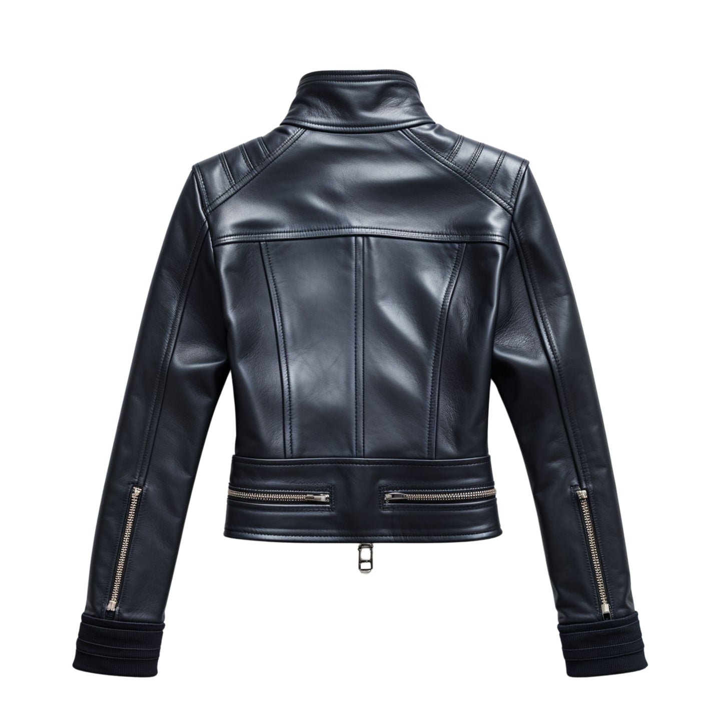Black Leather Racer Jacket: Stand Collar, Multi-Zip Biker Coat
