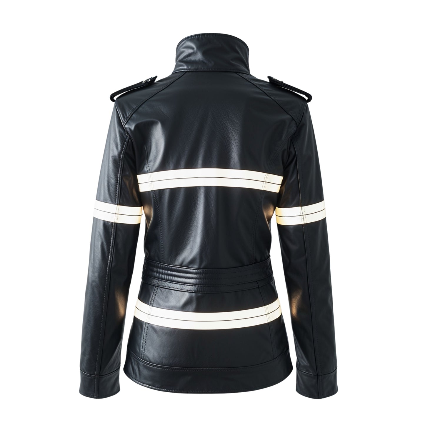 Womens Black Leather Moto Jacket: Stand Collar, White Stripe Detail