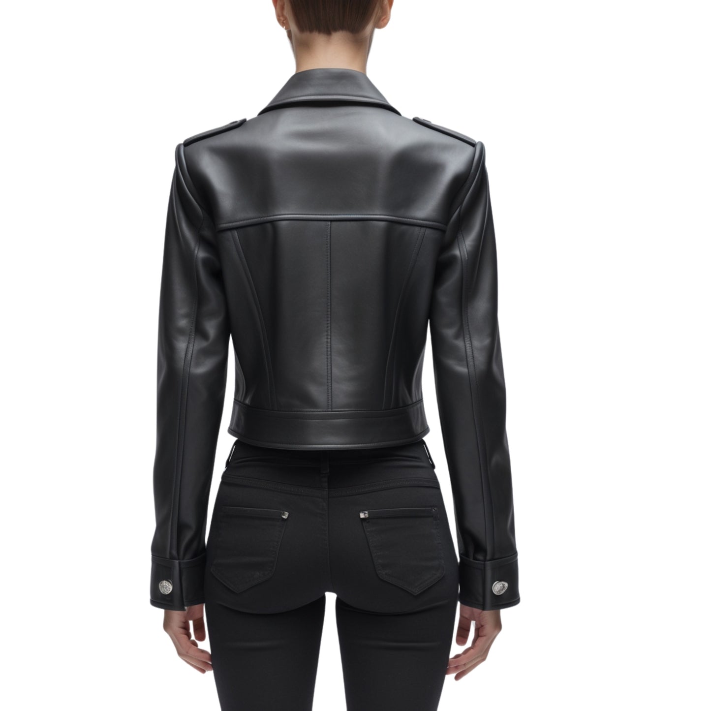 Womens Black Genuine Leather Cropped Jacket Button Front Collared Military Style Silver Buttons Epaulettes