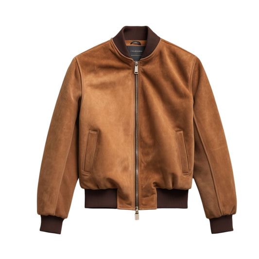 Classic Tan Suede Leather Bomber Jacket: Rib Knit Cuffs, Full Zip, Minimalist Style