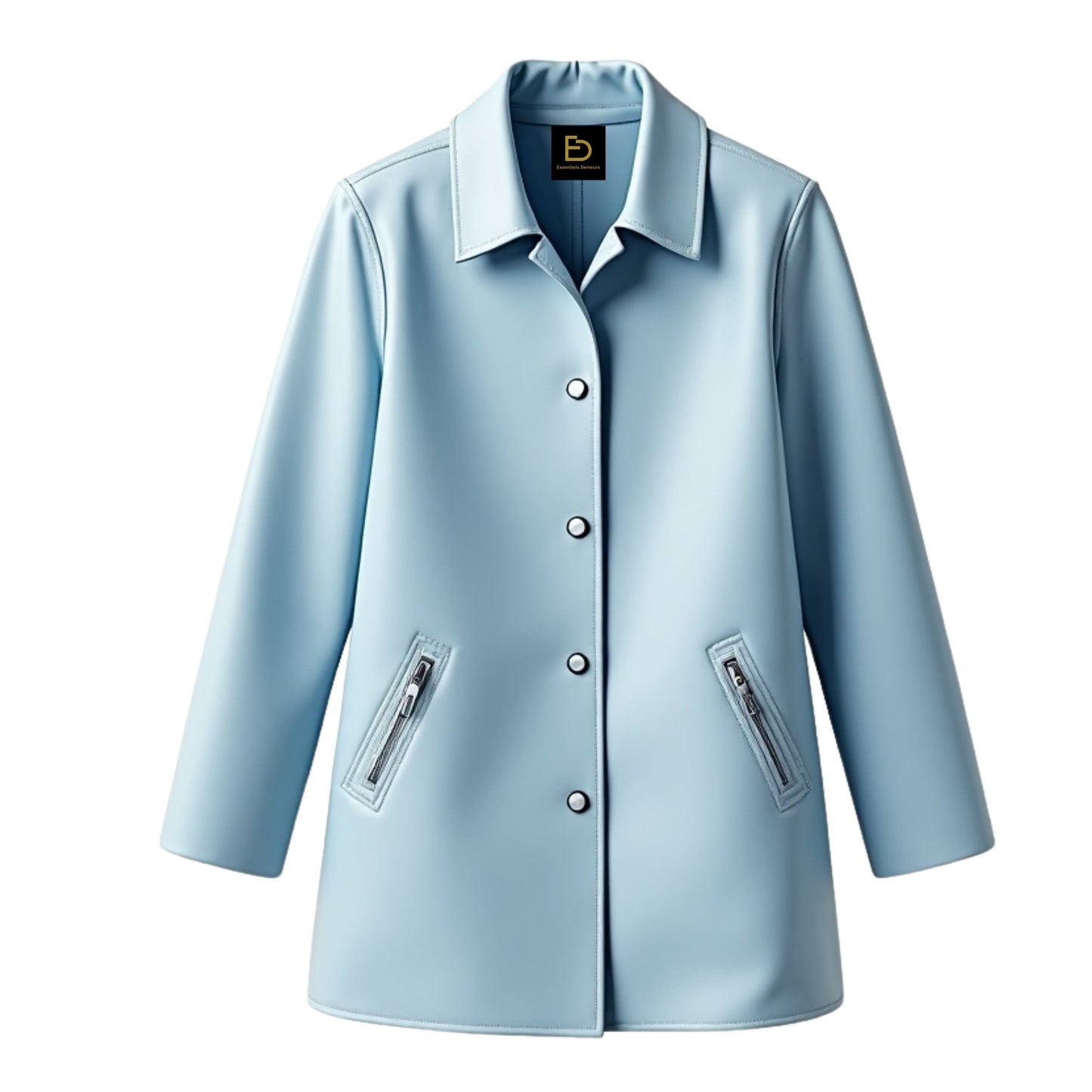 Light Blue Lambskin Leather Coat: Button Front, Lapel Pockets, Longline Casual Wear