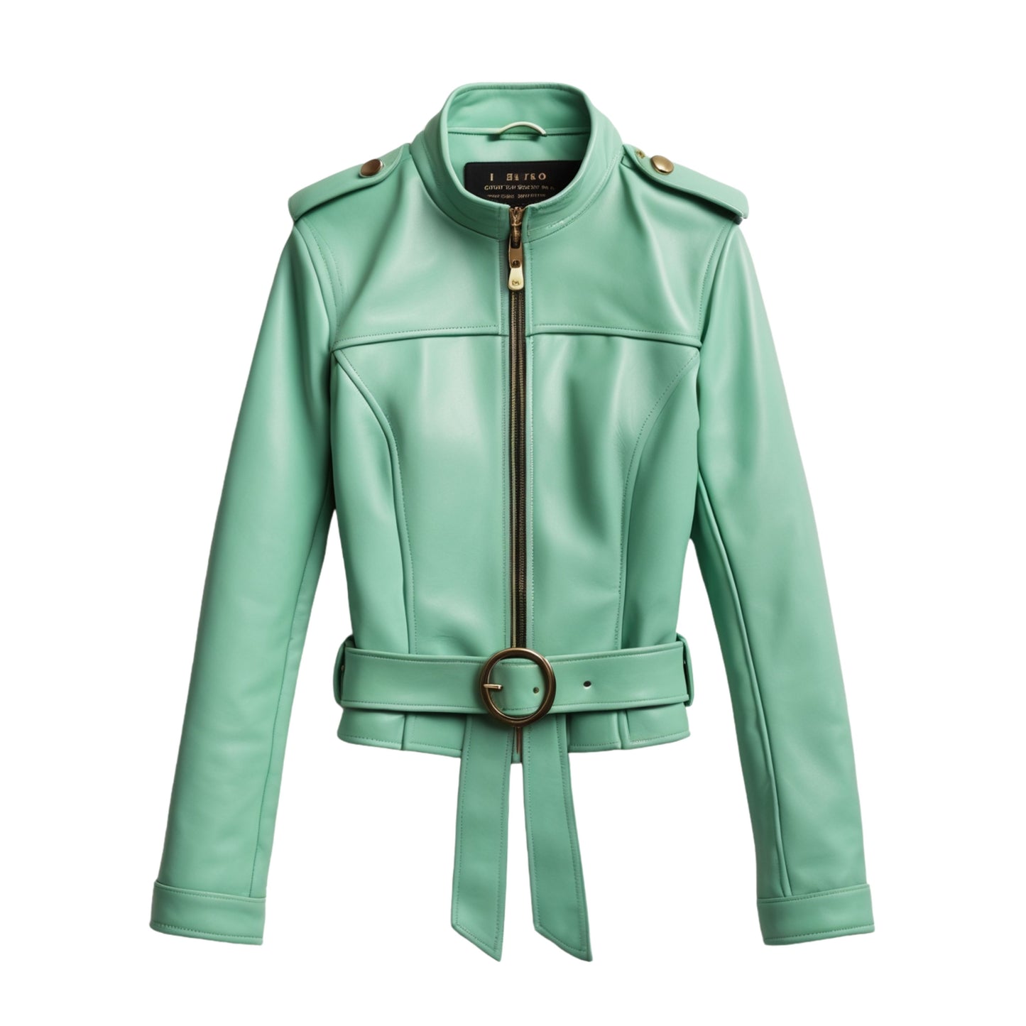 Mint Green Leather Belted Moto Jacket: Cropped Stand Collar Zip Front Coat