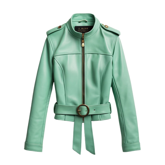 Mint Green Leather Belted Moto Jacket: Cropped Stand Collar Zip Front Coat