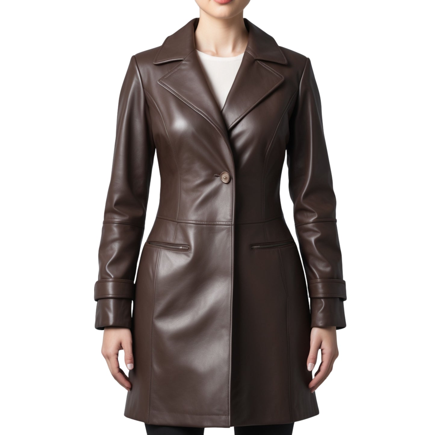 Brown Genuine Leather Longline Coat Tailored Lapel Jacket Cuff Detail