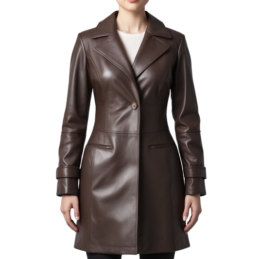Brown Genuine Leather Longline Coat Tailored Lapel Jacket Cuff Detail