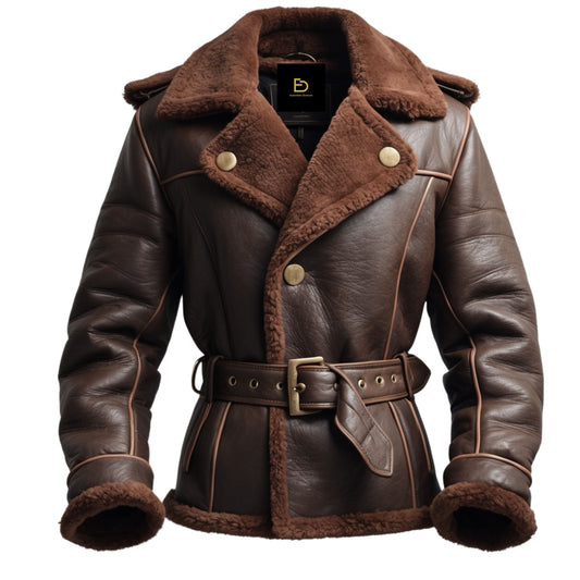 Men's Brown Real Leather Shearling Jacket with Plush Fur Collar and Belted Waist