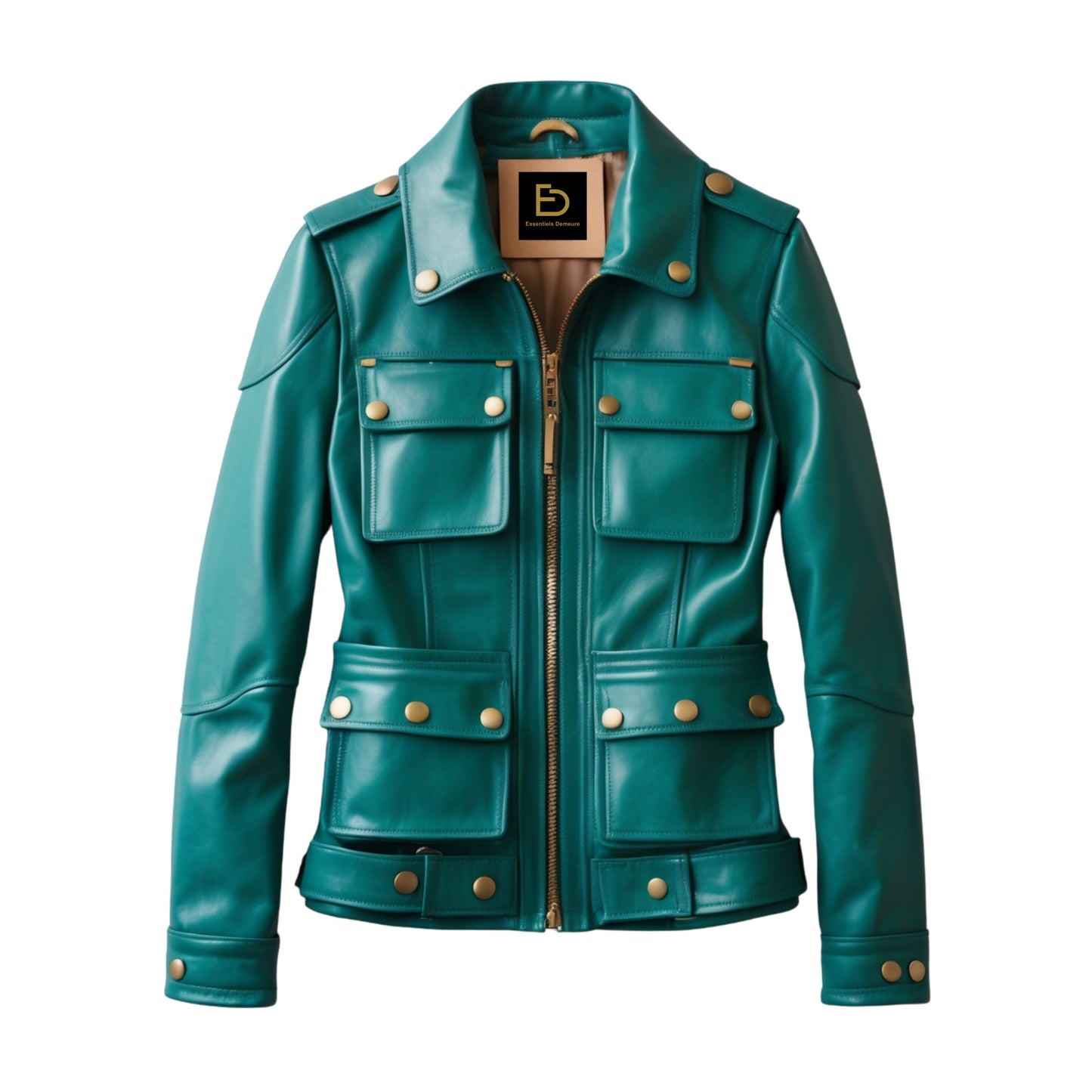 Womens Teal Leather Utility Jacket: Zip Front, Cargo Style, Slim Fit Outerwear