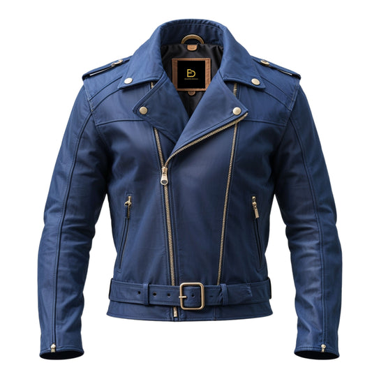 Classic Blue Leather Biker Jacket Asymmetrical Zipper Front Adjustable Belt Modern Urban Style Statement