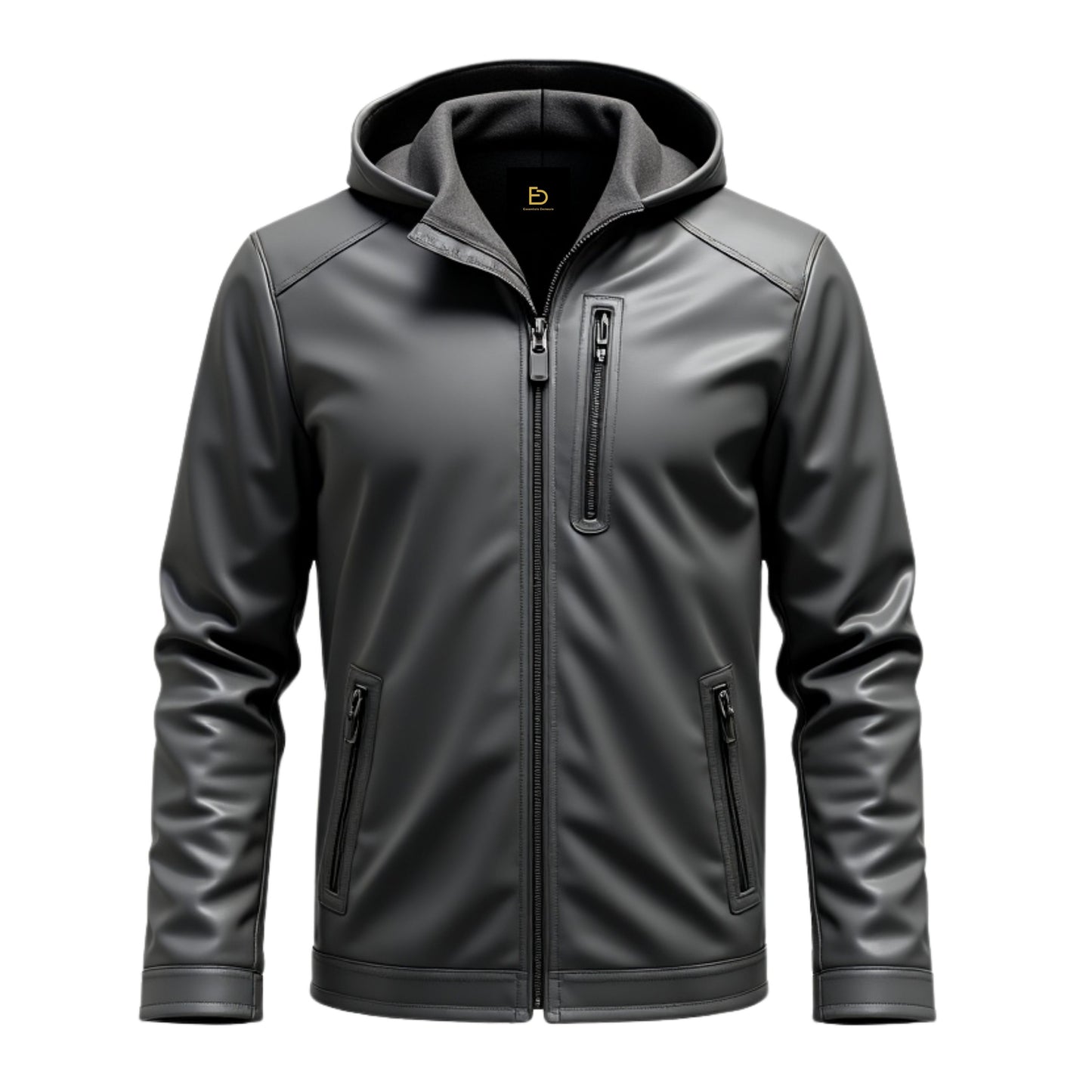 Men's Black Grey Real Leather Hooded Jacket – Modern Casual Outerwear