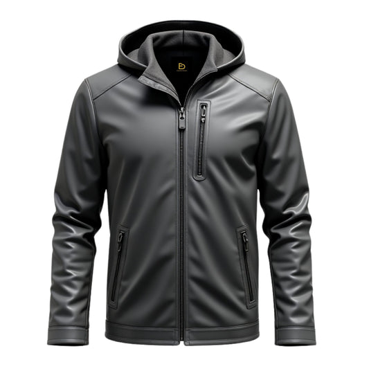 Men's Black Grey Real Leather Hooded Jacket – Modern Casual Outerwear