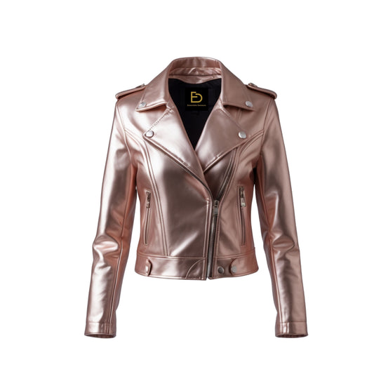 Women's Rose Gold Metallic Leather Moto Biker Jacket – Asymmetric Zip Statement Outerwear