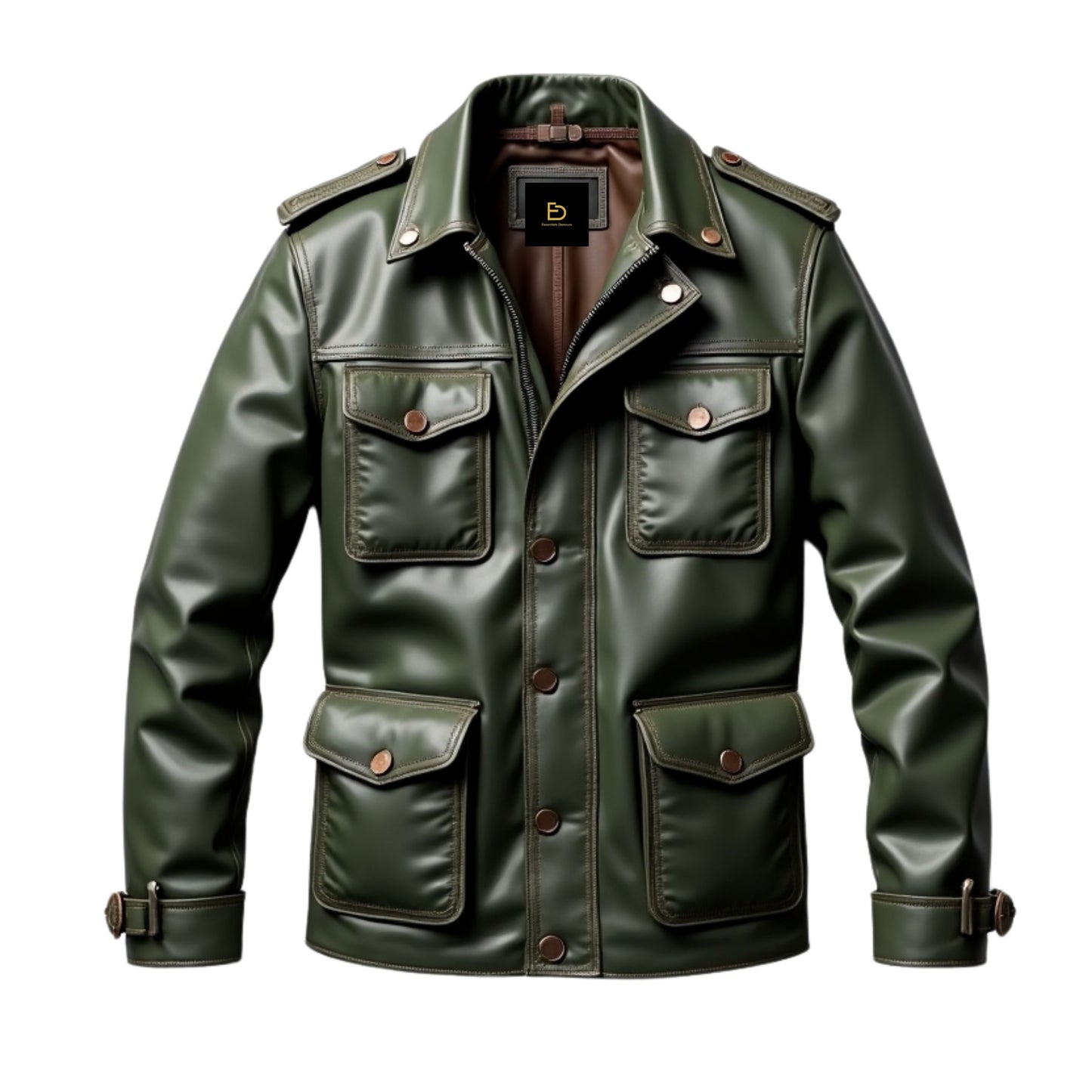 Men's Olive Green Leather Field Jacket: Military-Inspired, Multiple Pockets, Urban Fashion