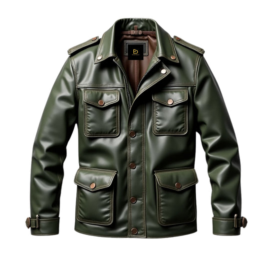 Men's Olive Green Leather Field Jacket: Military-Inspired, Multiple Pockets, Urban Fashion