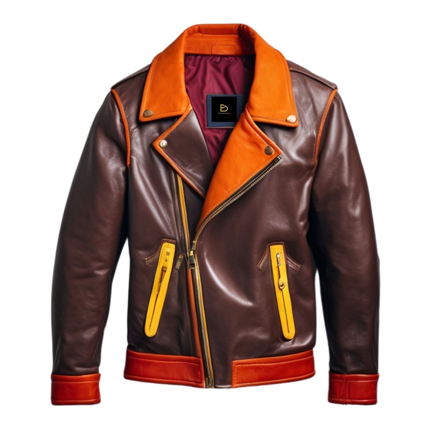 Men's Brown Leather Biker Jacket with Orange Yellow Accents – Asymmetrical Moto Style