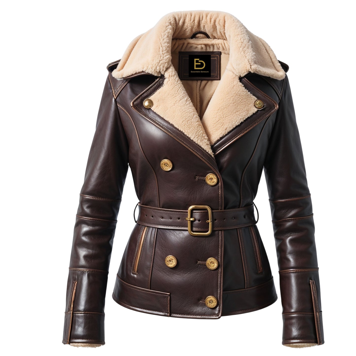 Dark Brown Leather Shearling Moto Jacket with Cream Fur Collar – Belted Biker Style Coat