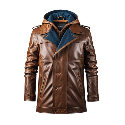 Men's Brown Real Leather Coat with Blue Lining and Hood – Stylish Warm Outerwear