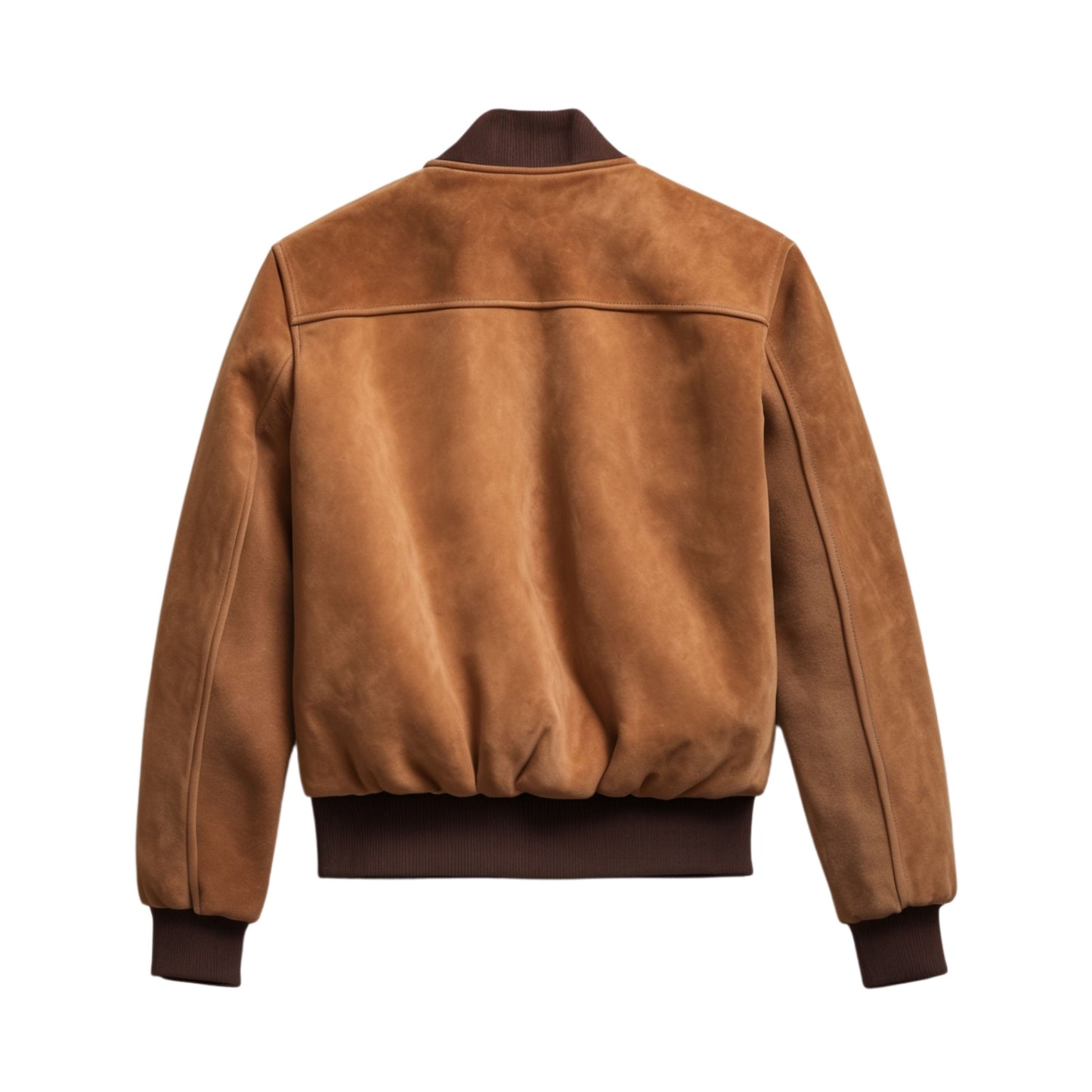 Classic Tan Suede Leather Bomber Jacket: Rib Knit Cuffs, Full Zip, Minimalist Style