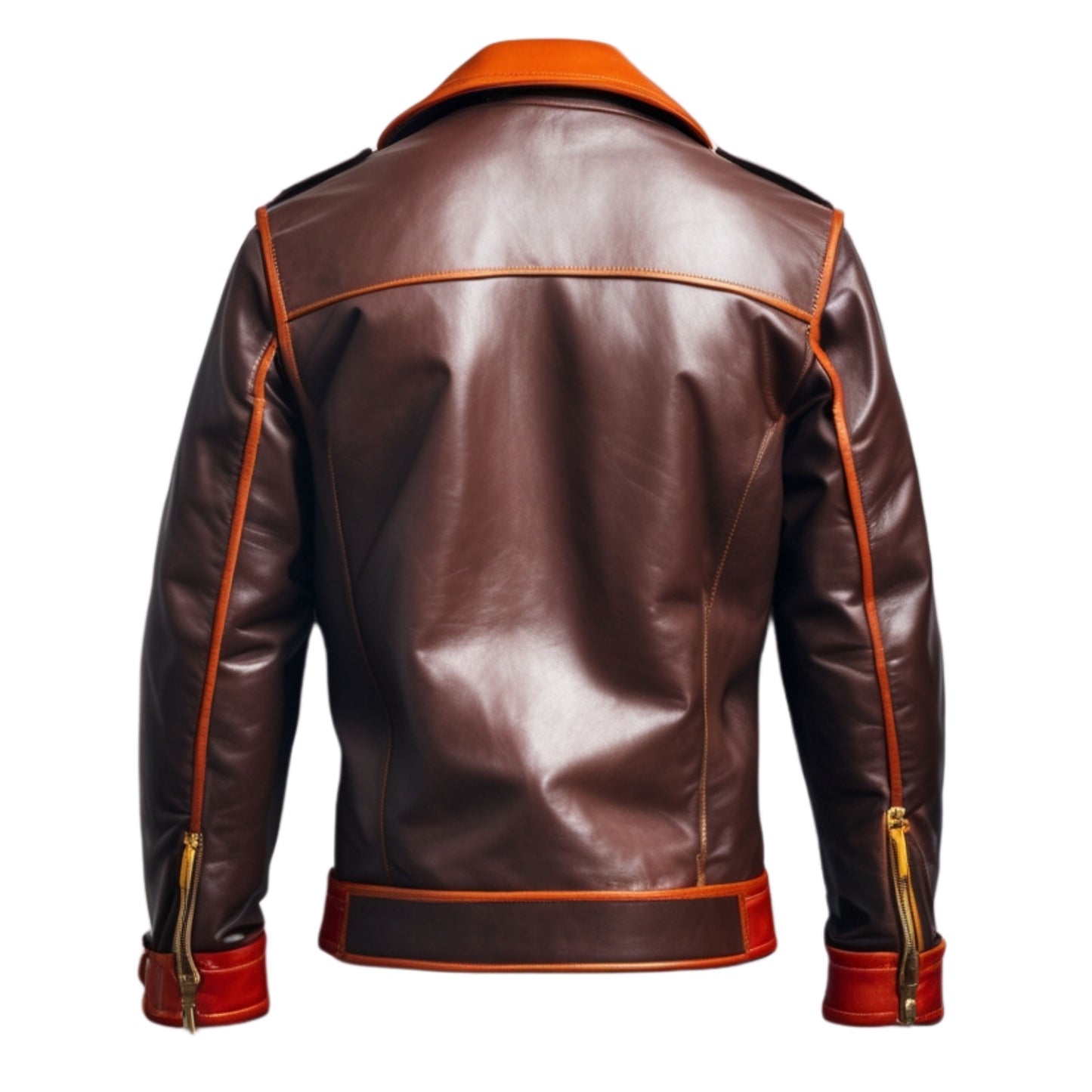 Men's Brown Leather Biker Jacket with Orange Yellow Accents – Asymmetrical Moto Style