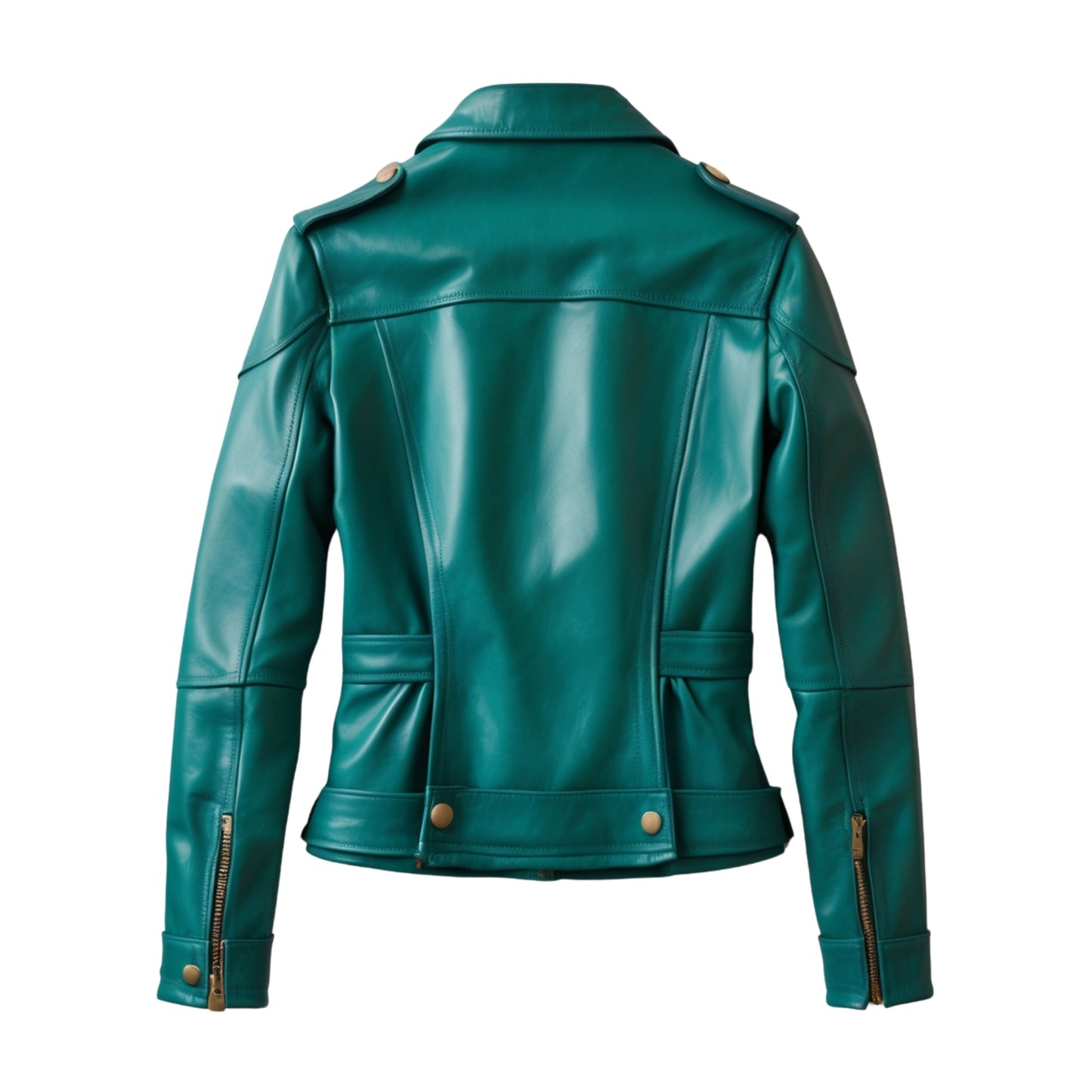 Womens Teal Leather Utility Jacket: Zip Front, Cargo Style, Slim Fit Outerwear