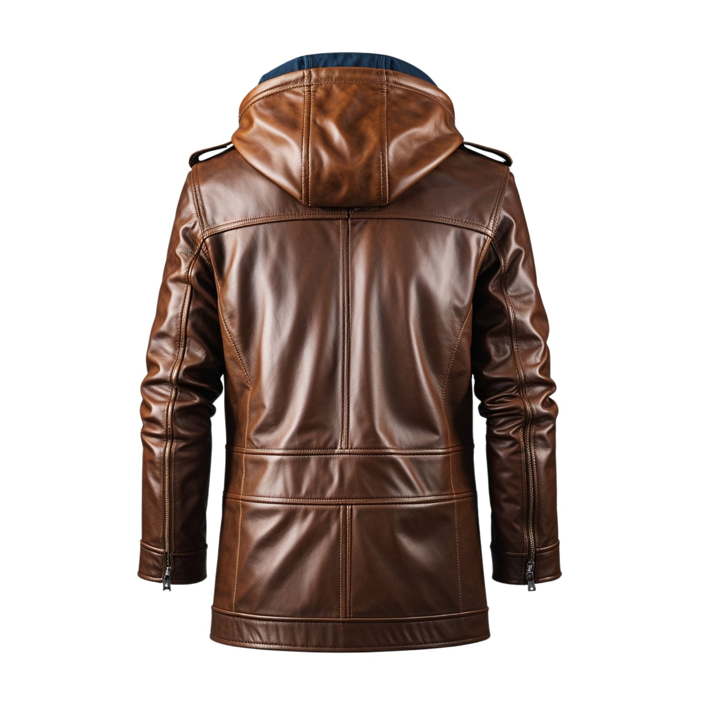 Men's Brown Real Leather Coat with Blue Lining and Hood – Stylish Warm Outerwear