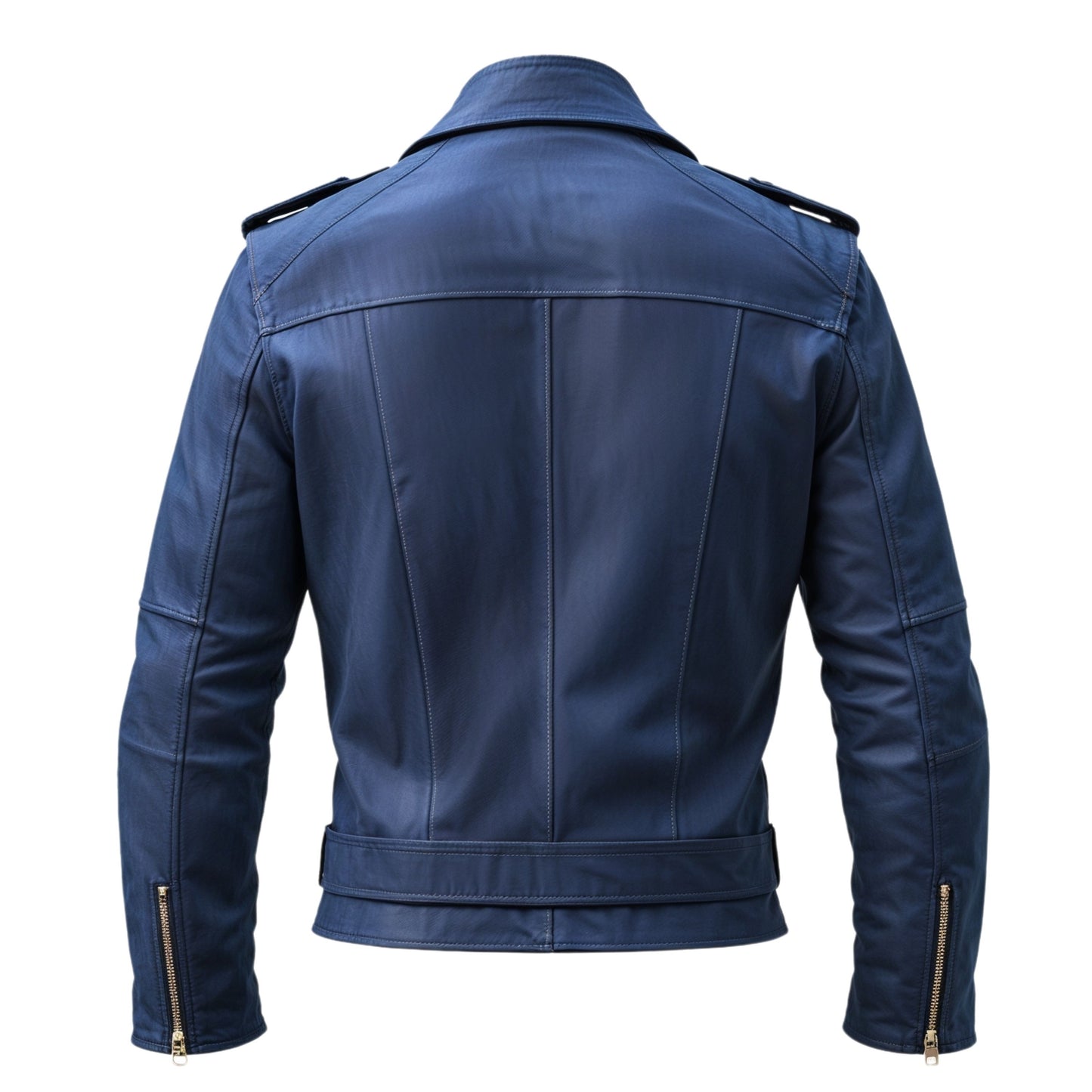Classic Blue Leather Biker Jacket Asymmetrical Zipper Front Adjustable Belt Modern Urban Style Statement