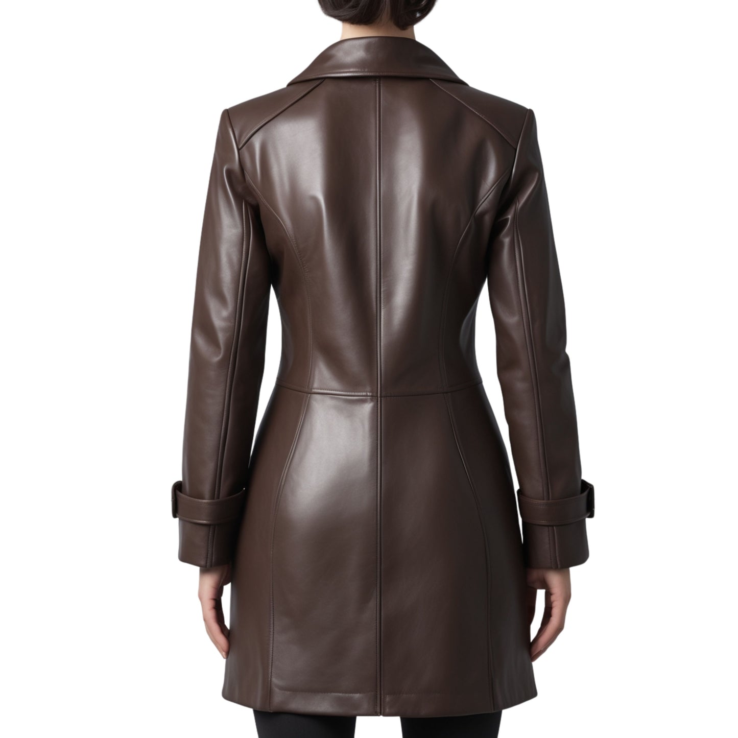 Brown Genuine Leather Longline Coat Tailored Lapel Jacket Cuff Detail