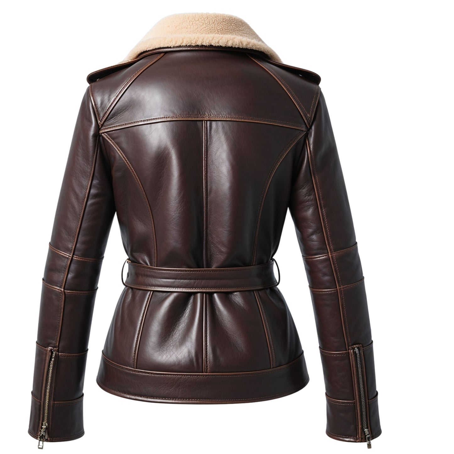 Dark Brown Leather Shearling Moto Jacket with Cream Fur Collar – Belted Biker Style Coat